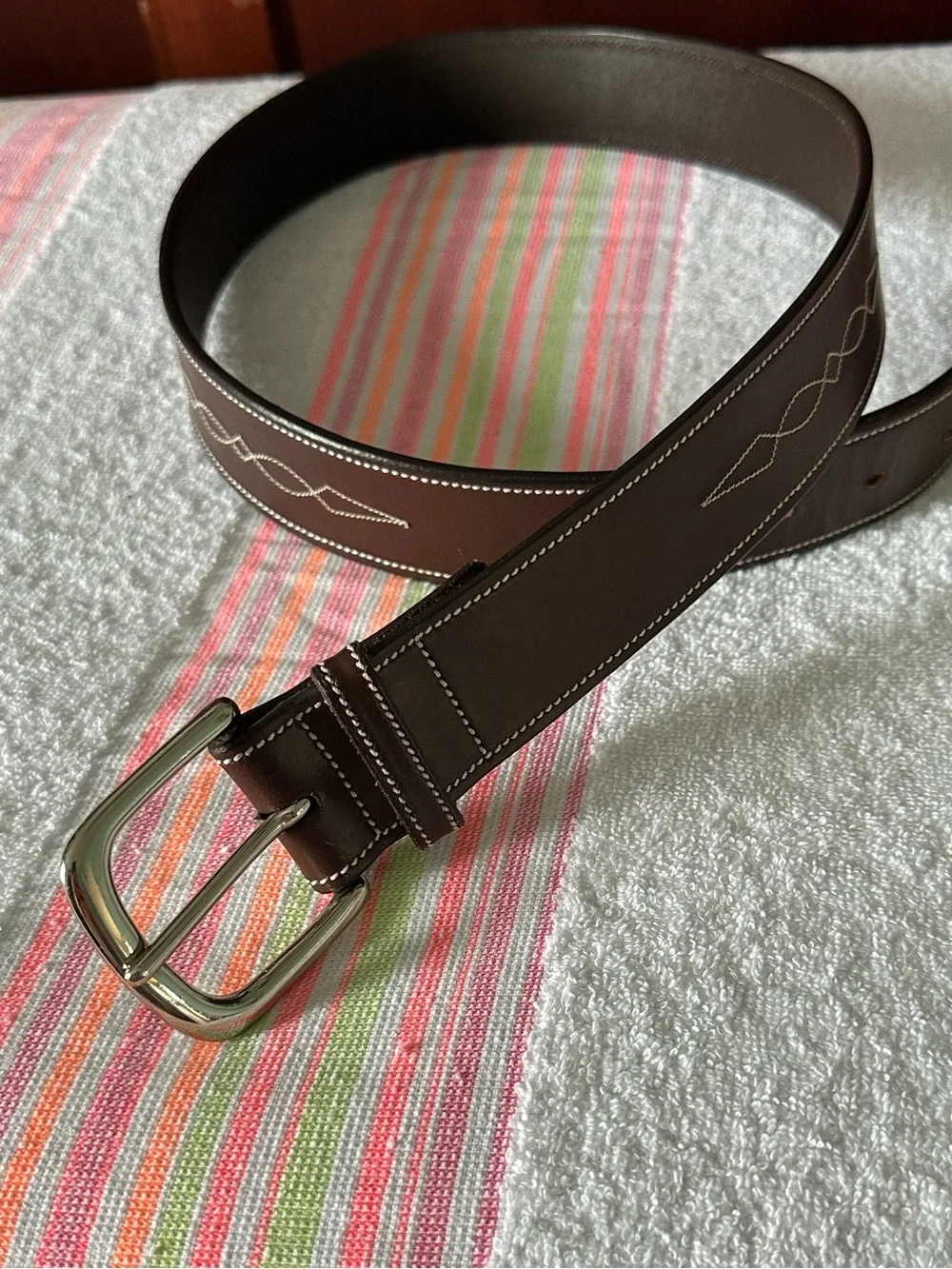 Women's Western Stitch Brown Leather Belt with Silver Buckle equest